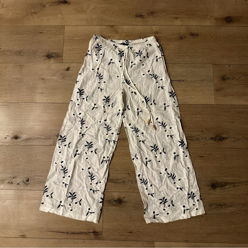 Coastal Boho Linen Pants Botanical Wide Leg Boho Chic